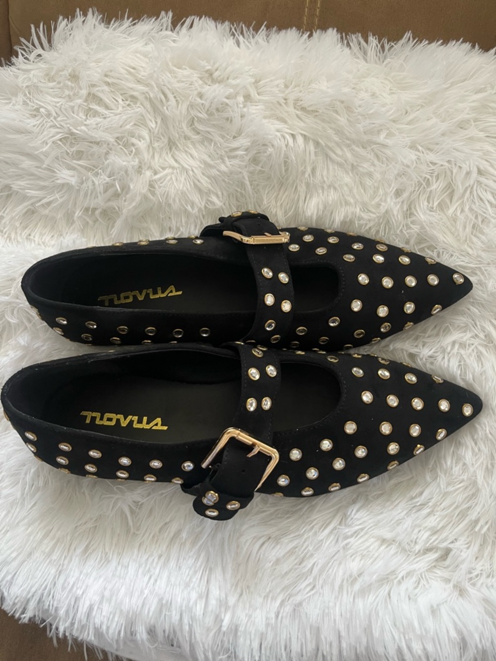 Black Studded Mary Jane Flats with Gold Buckle